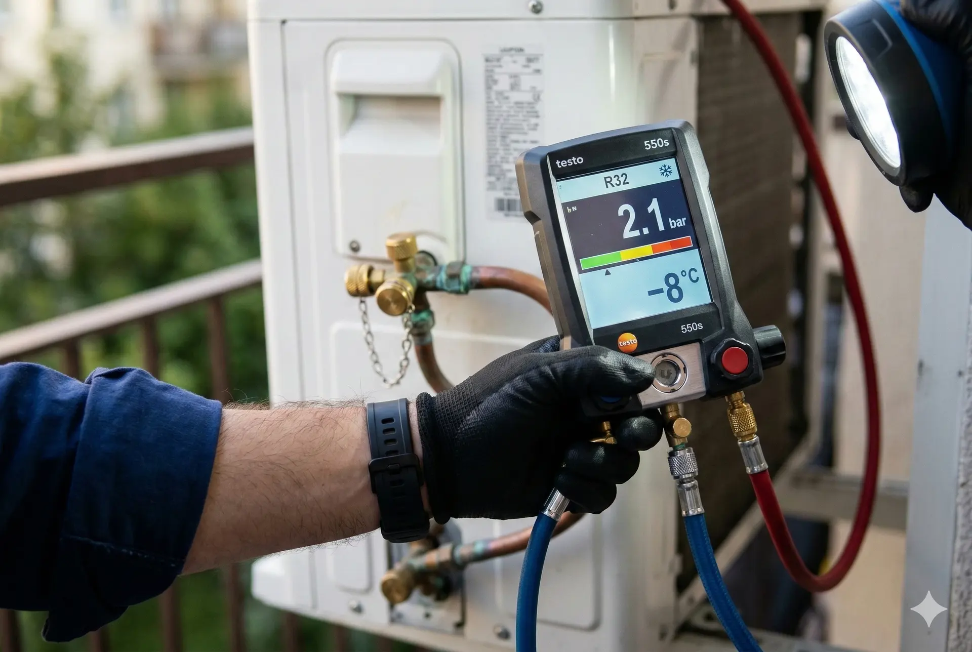 Jednostka zewnętrzna klimatyzatora pokryta szronem i lodem wymagająca serwisu
