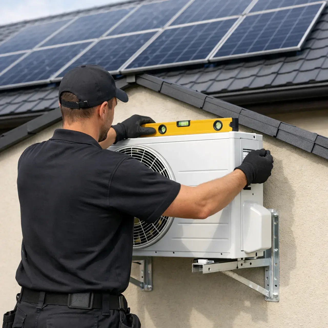 Technik LeoKlima montujący jednostkę zewnętrzną klimatyzacji obok dachu z panelami fotowoltaicznymi