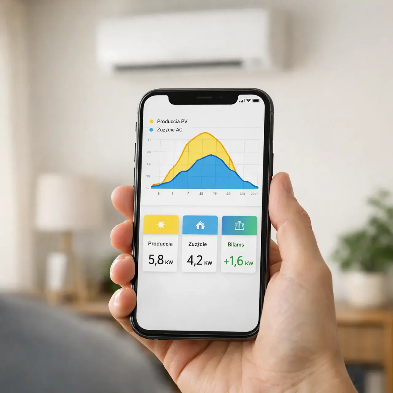Aplikacja na smartfonie pokazująca produkcję paneli fotowoltaicznych i zużycie klimatyzacji