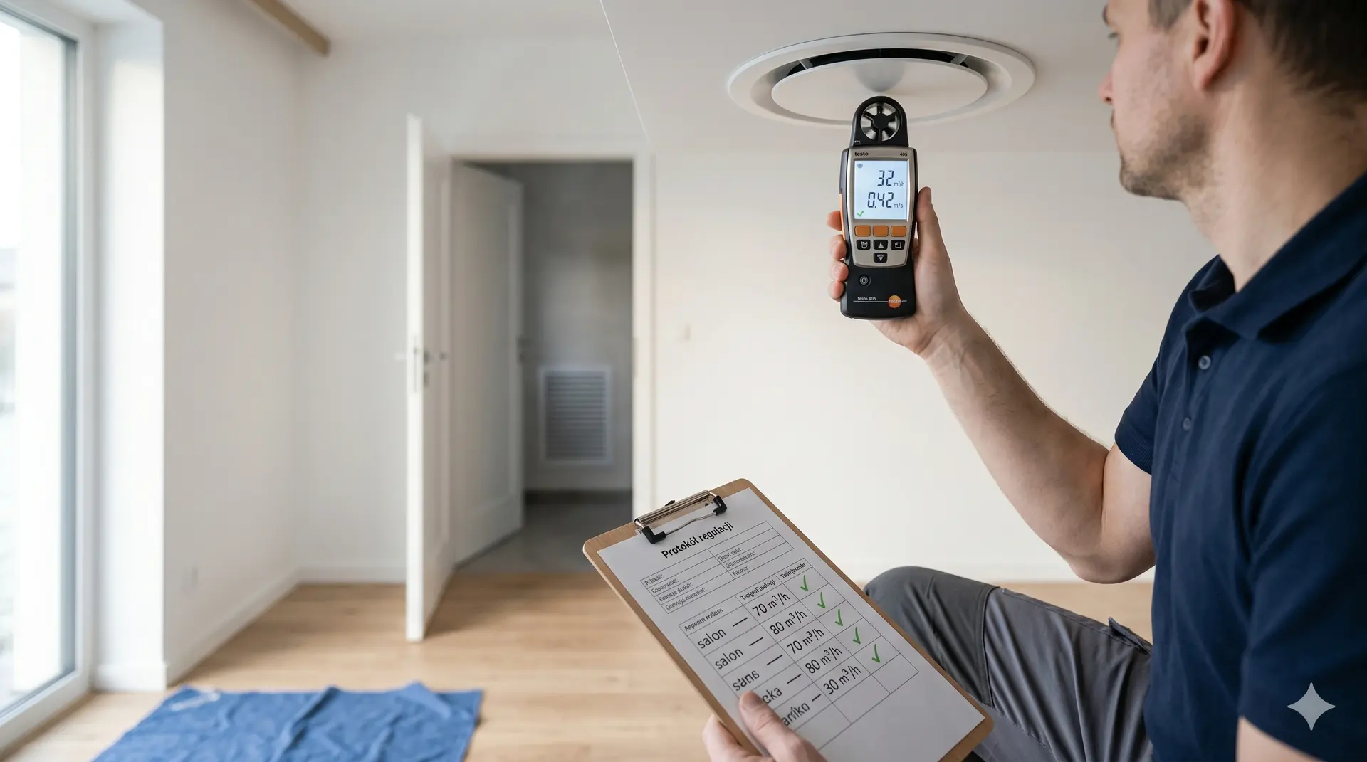 Instalator z anemometrem mierzy strumień powietrza w sufitowym anemostacie po montażu
