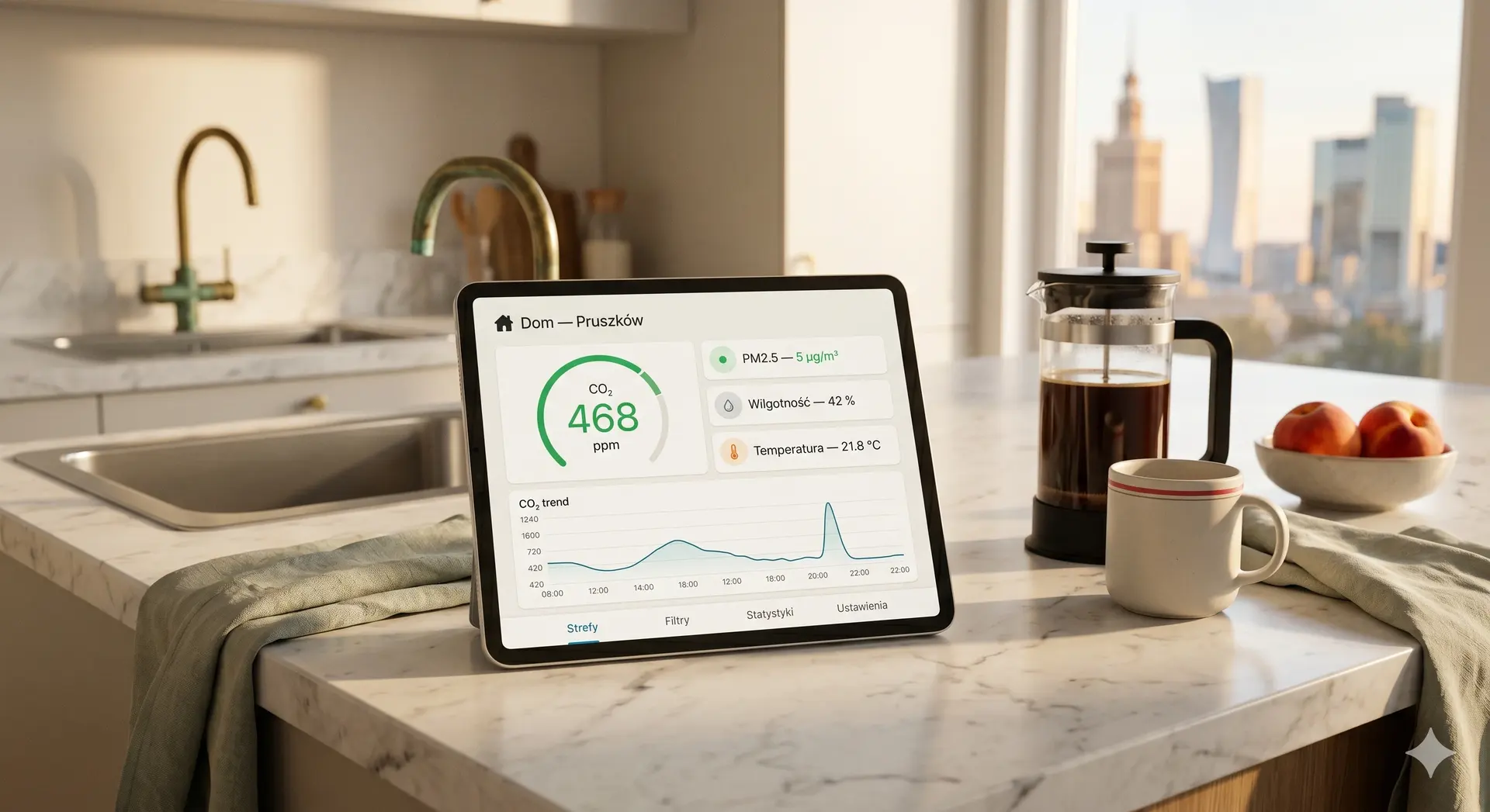 Tablet z aplikacją MVHR pokazujący 468 ppm CO₂ na blacie kuchennym, panorama Warszawy w tle