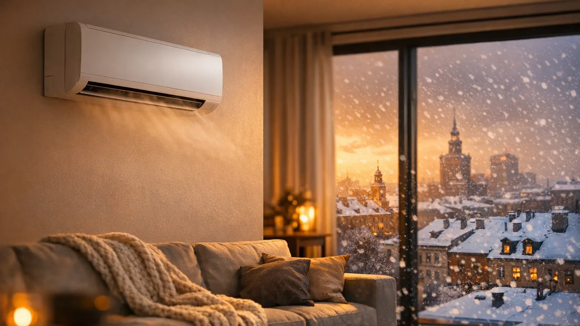 Heat-pump air conditioner installed in the living room of a Warsaw flat — indoor split unit