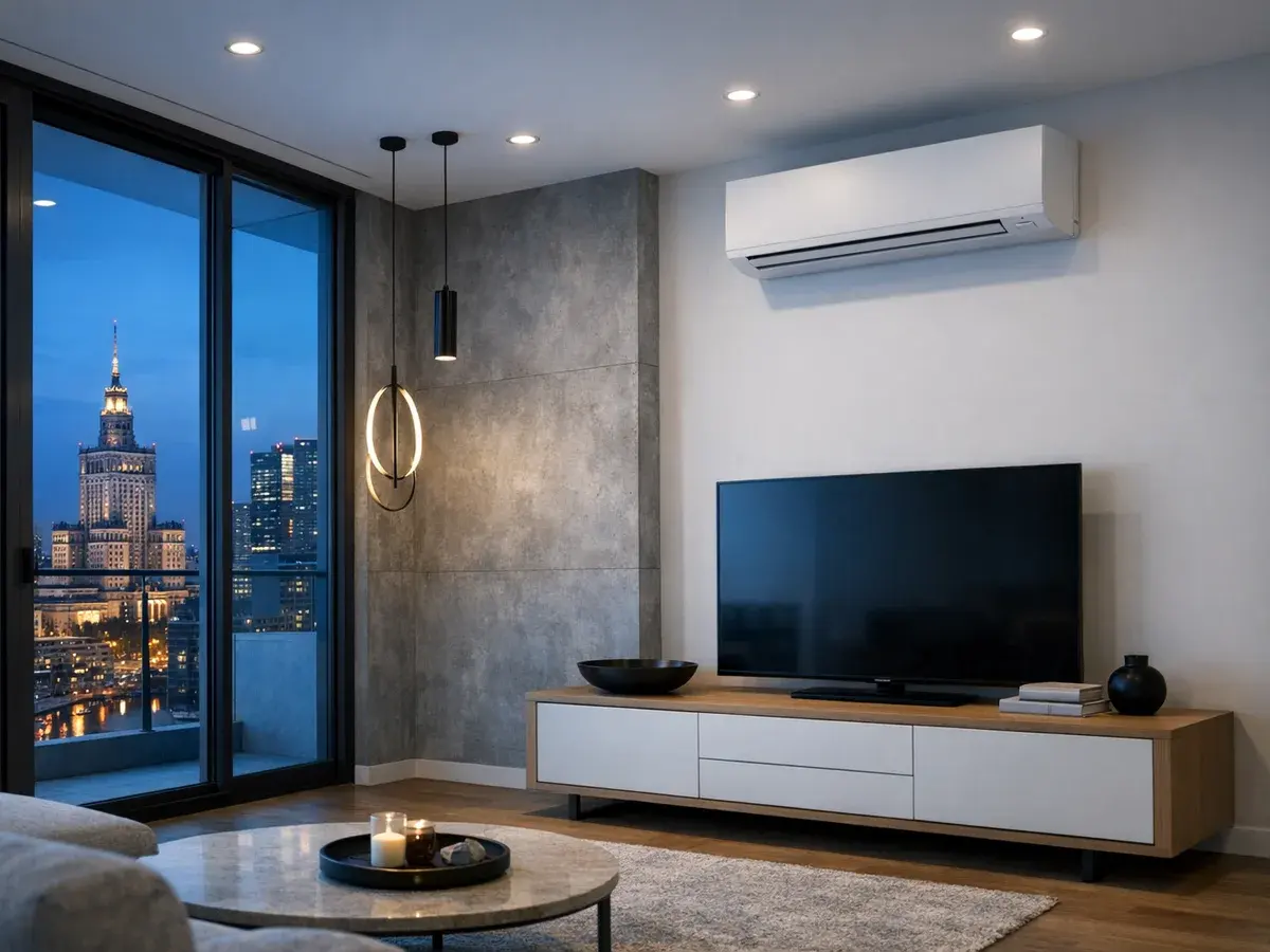 Designerski klimatyzator w nowym apartamentowcu z przeszkleniami od podłogi do sufitu