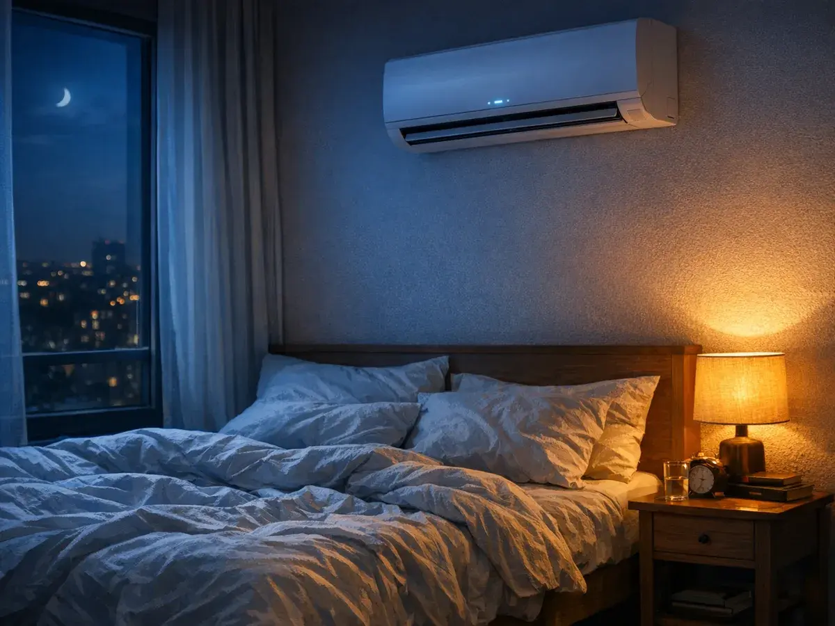 Cicha klimatyzacja w trybie nocnym nad łóżkiem w warszawskiej sypialni