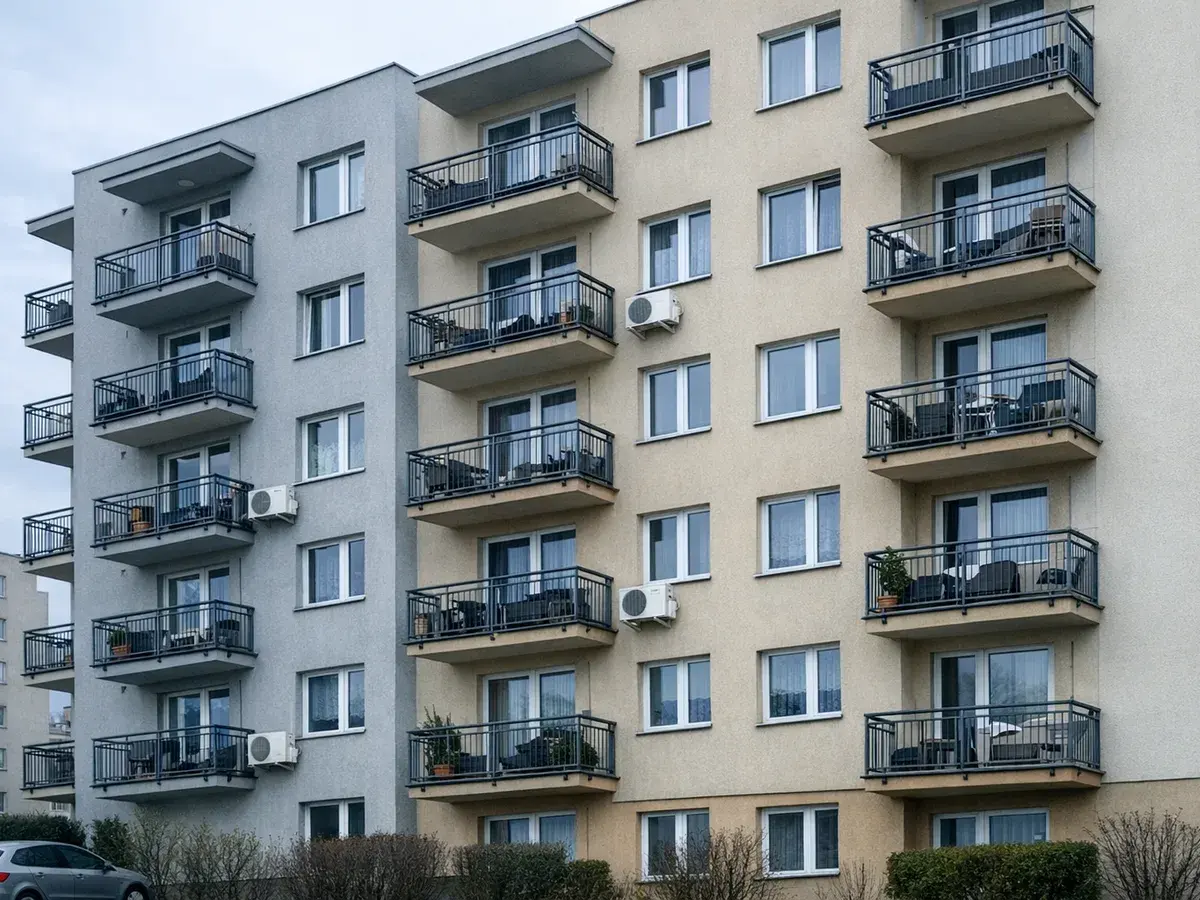 A Warsaw apartment block with air-conditioning units on the balconies
