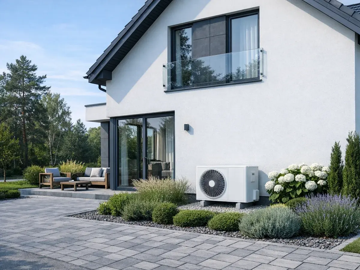 A single-family house near Warsaw with an air-conditioning condenser by the facade