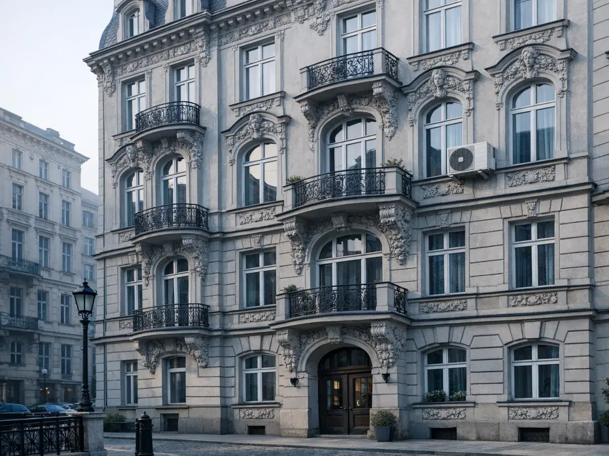 A pre-war Warsaw tenement with a discreetly mounted outdoor unit