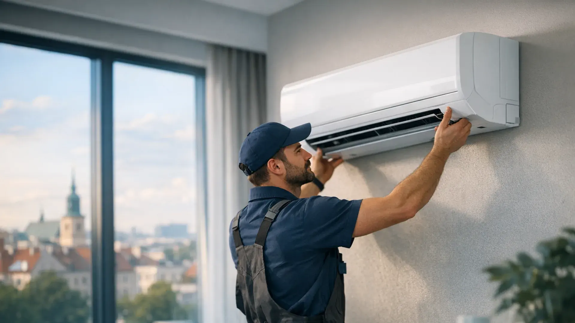 Air conditioning installation in a modern flat in Warsaw — a LeoKlima technician installing the indoor unit