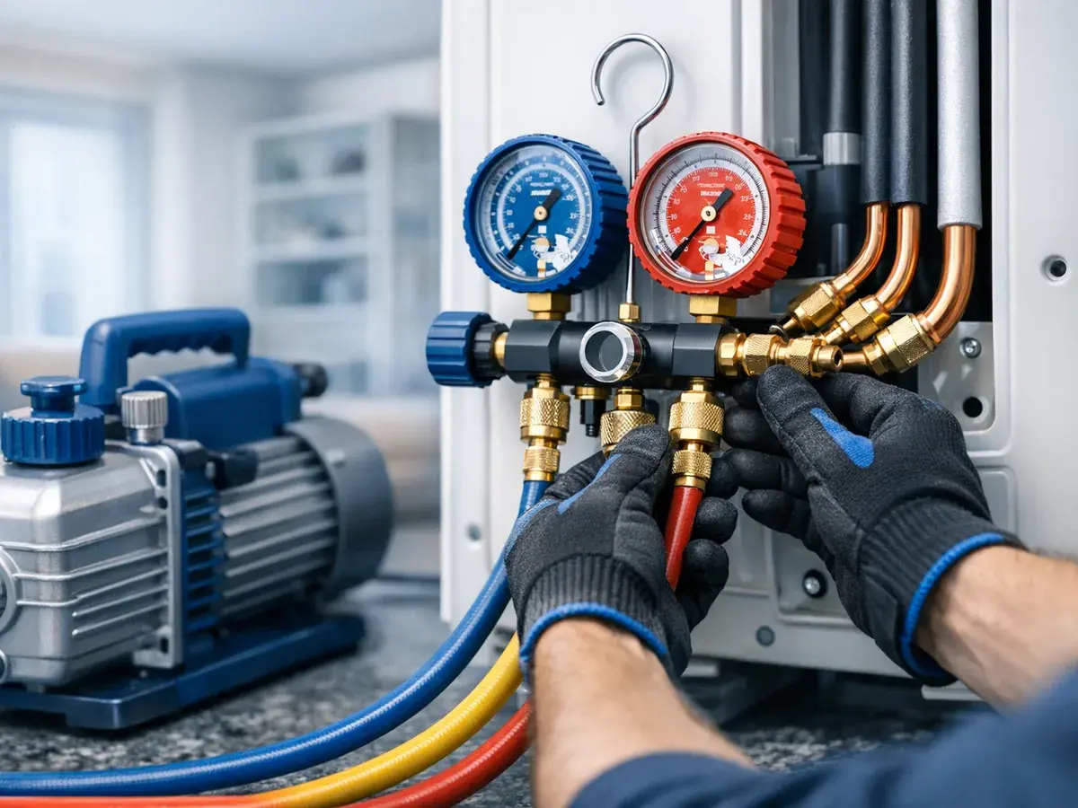 Professional air-conditioning installation — evacuating the system and checking pressures