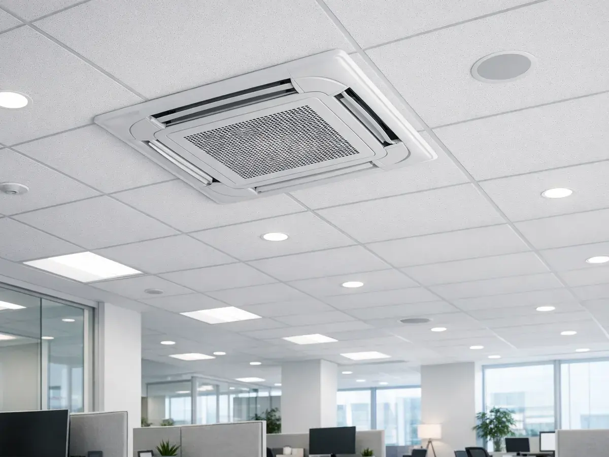 A cassette air conditioner in the suspended ceiling of an office