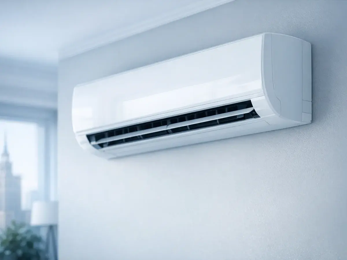 A split-type wall air conditioner installed in a bright living room