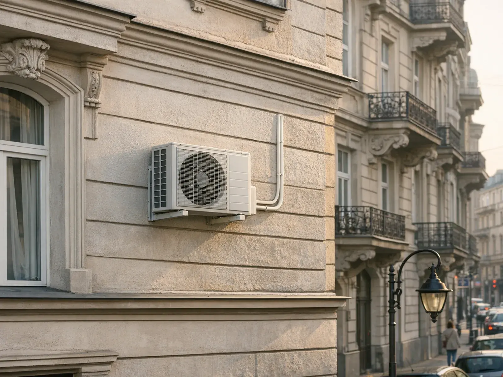 An air conditioning outdoor unit installed discreetly on the façade of a tenement house in Warsaw
