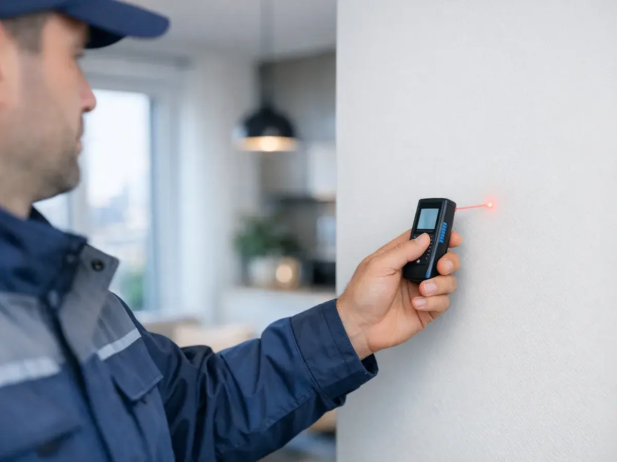 Free air-conditioning site survey — a technician measuring a wall in a Warsaw apartment