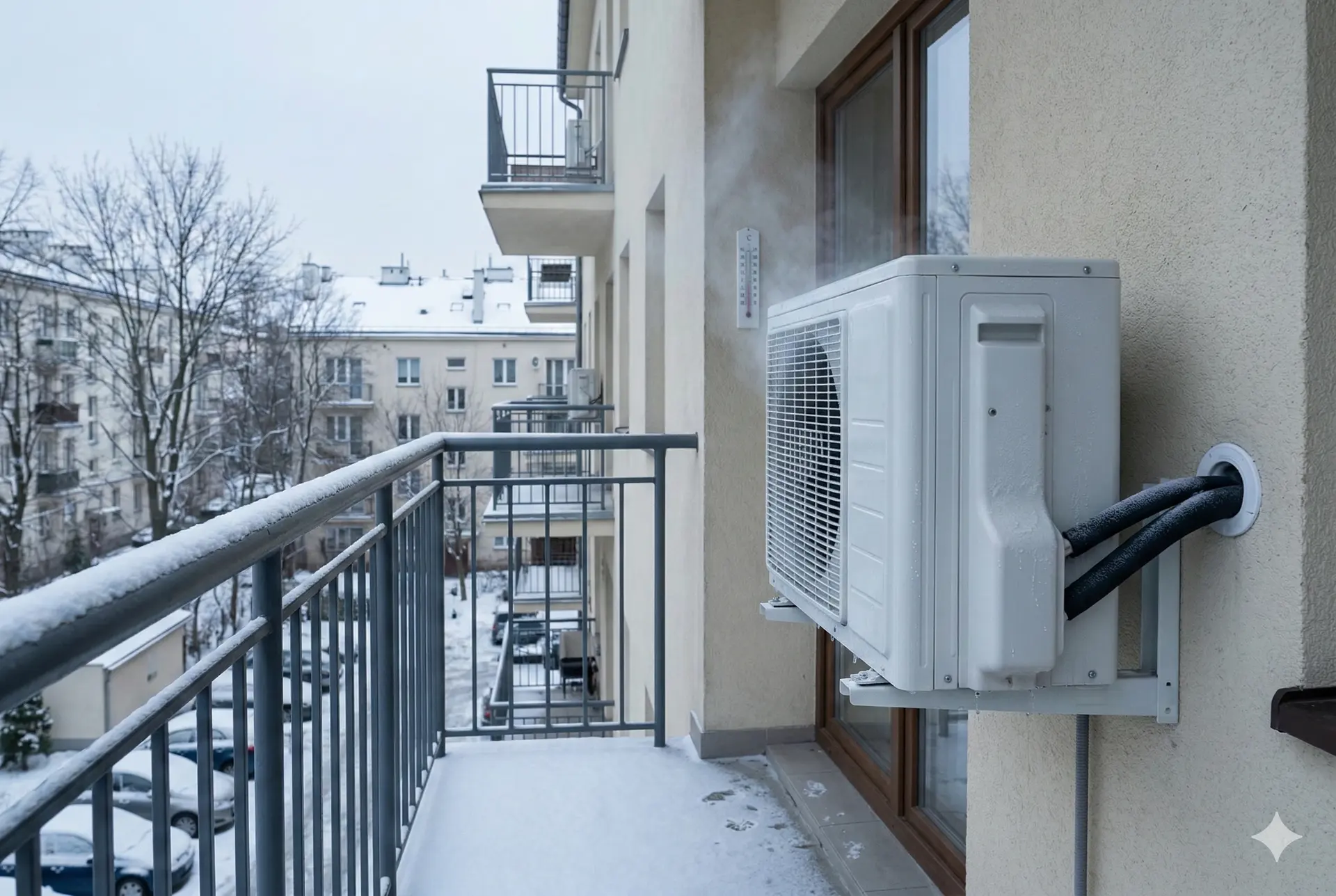 Klimatyzator w trybie grzania w mieszkaniu, za oknem zimowa Warszawa