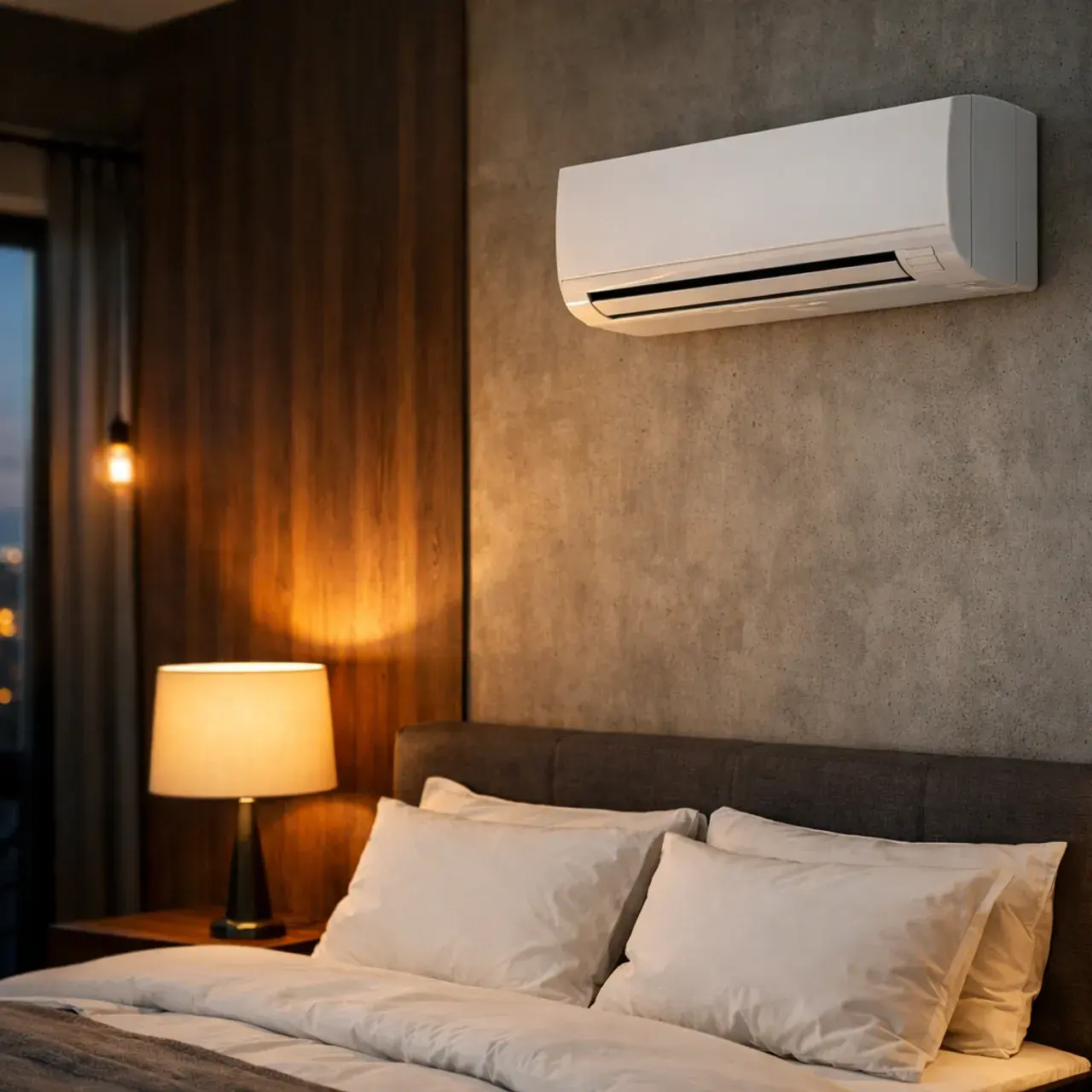 Bedroom with a quiet wall-mounted AC mounted off the bed axis