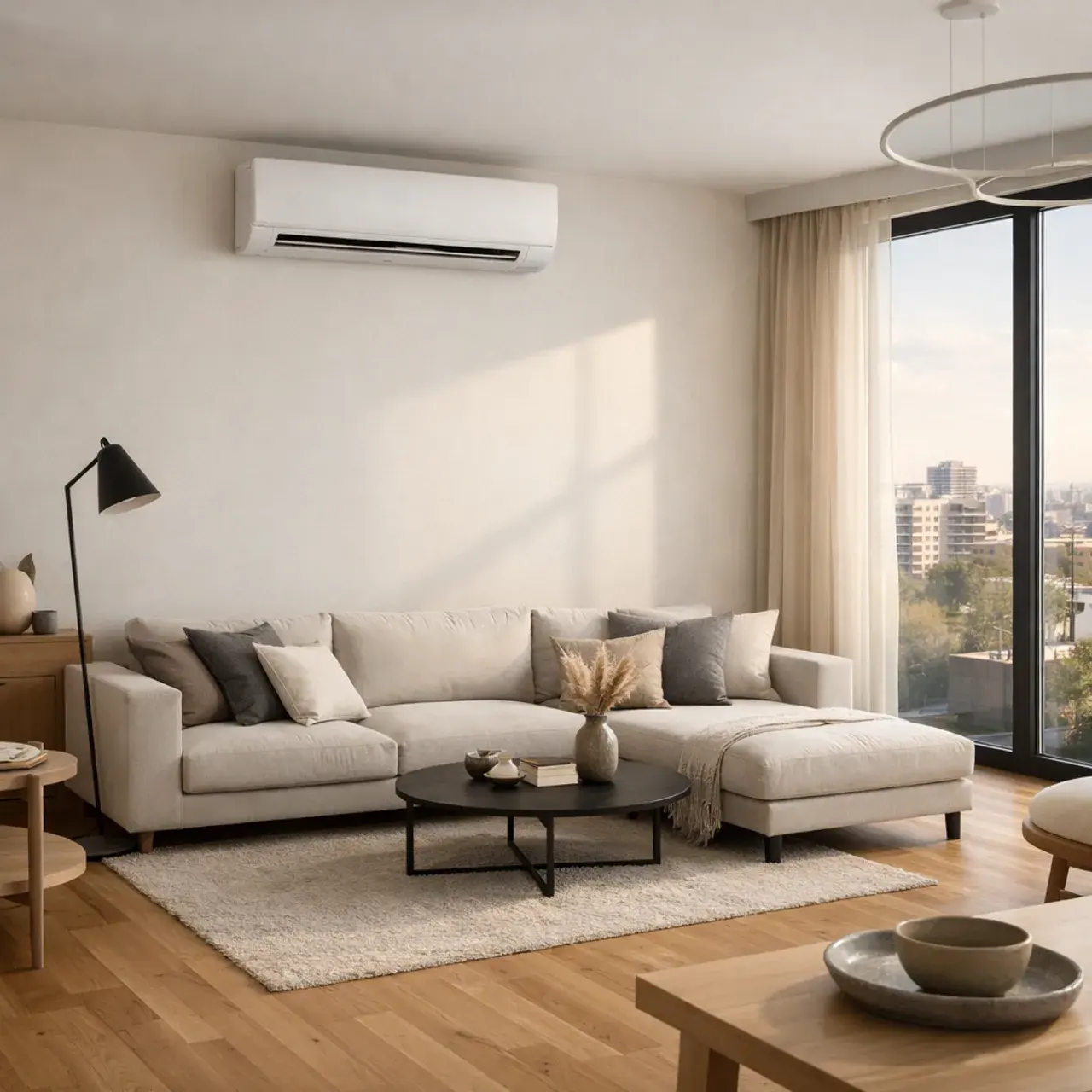 Modern Warsaw apartment living room with wall-mounted AC above the sofa