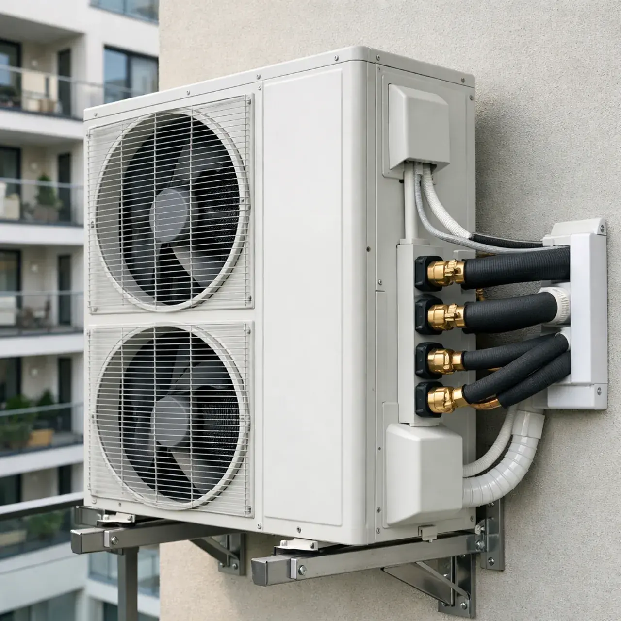 Multi-split outdoor unit on a Warsaw apartment-building balcony with neat refrigerant lines