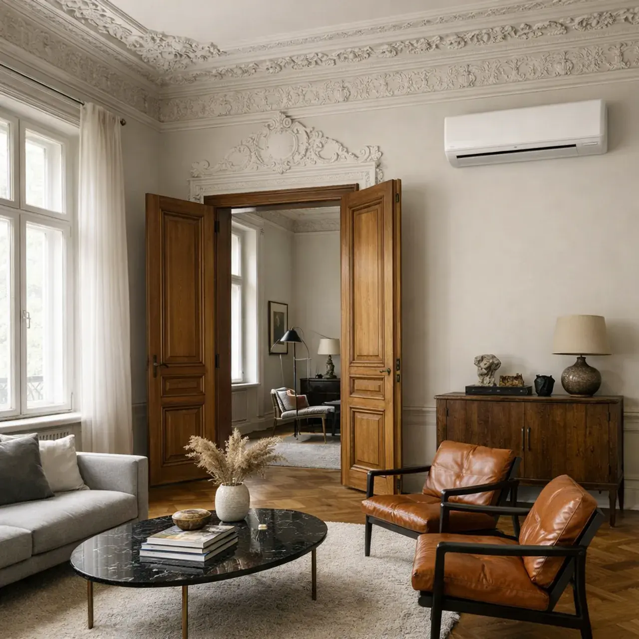 Elegancki salon w warszawskiej kamienicy ze stiukowymi zdobieniami i dyskretnym klimatyzatorem