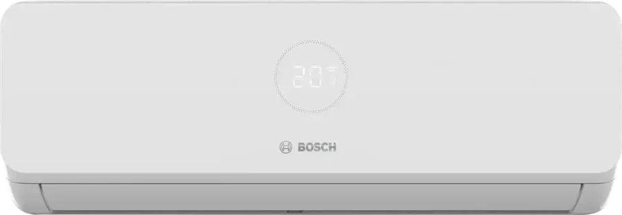 Klimatyzator ścienny Bosch Climate 3200i — jednostka wewnętrzna w matowej bieli z subtelnym logo