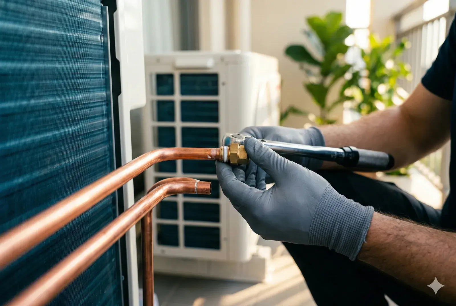 LeoKlima — technician connecting copper refrigerant pipes